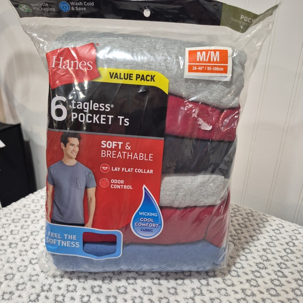 Hanes 6 Pack Pocket T Shirts Mens M Assorted Colors Cotton Tagless New